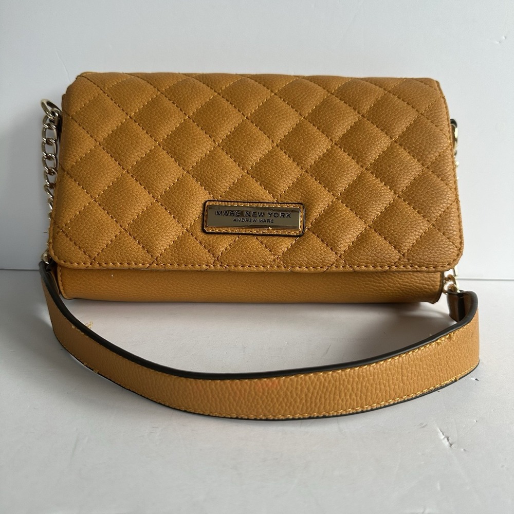 Marc NY Andrew Marc Pebbled Leather Quilted Flap Purse Handbag Mustard Gold Y2K